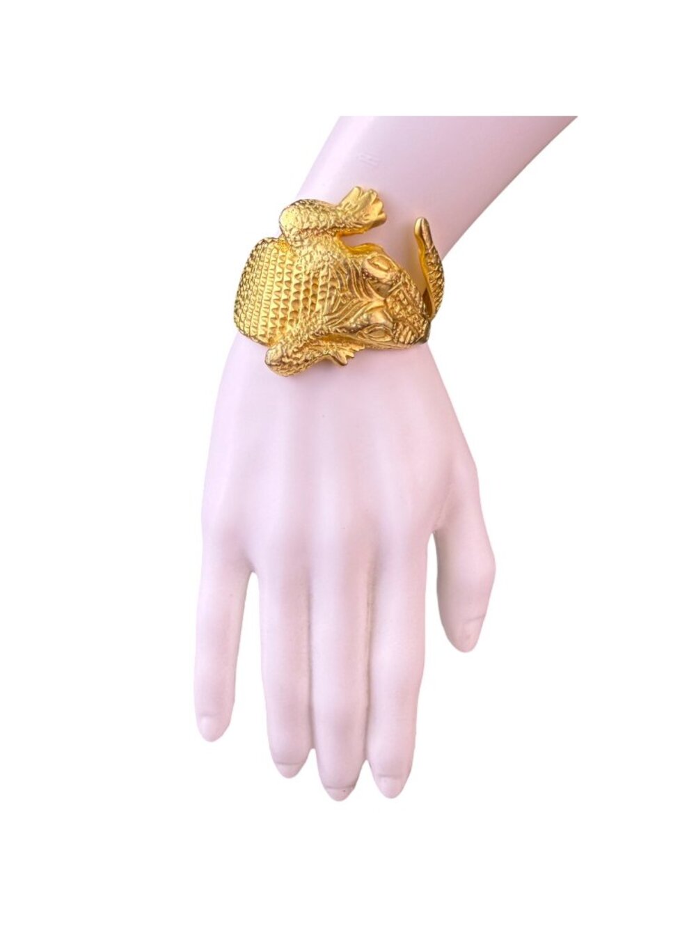 70s & 80s Kenneth Jay Lane Gold Tone Cuff Bracelet Alligator Textured Vintage